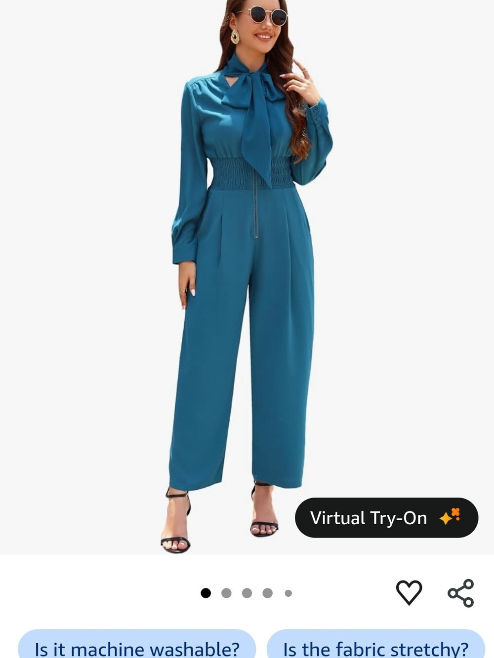 Women’s Teal Long-Sleeve Jumpsuit with Tie Neck